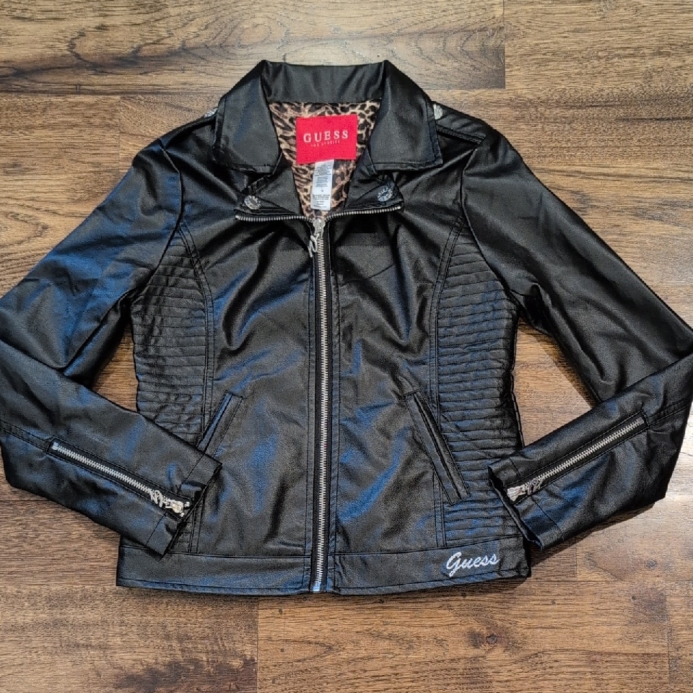Girls Guess black faux leather jacket size 12